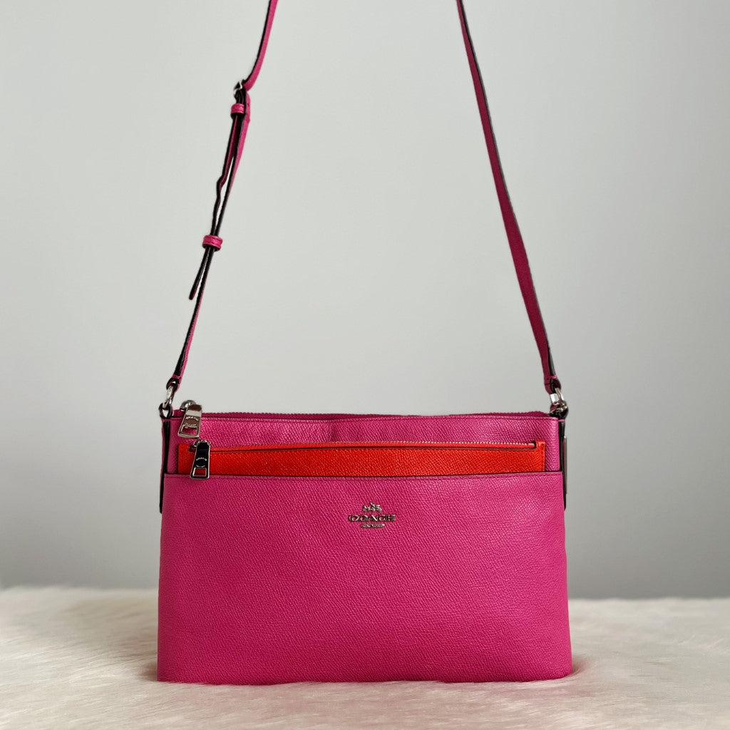 Coach Fuchsia Leather Front Logo Crossbody Shoulder Bag+ Pouch