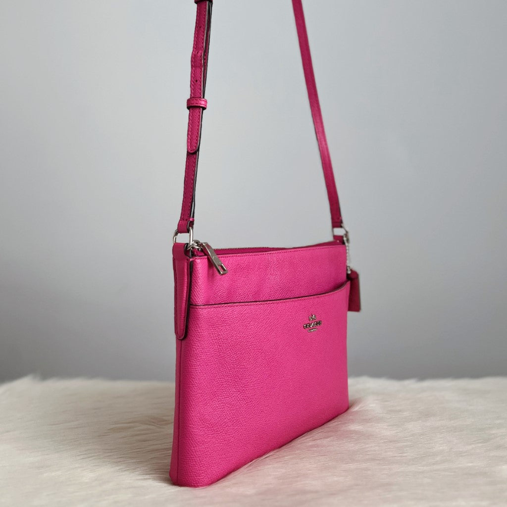 Coach Fuchsia Leather Front Logo Crossbody Shoulder Bag+ Pouch