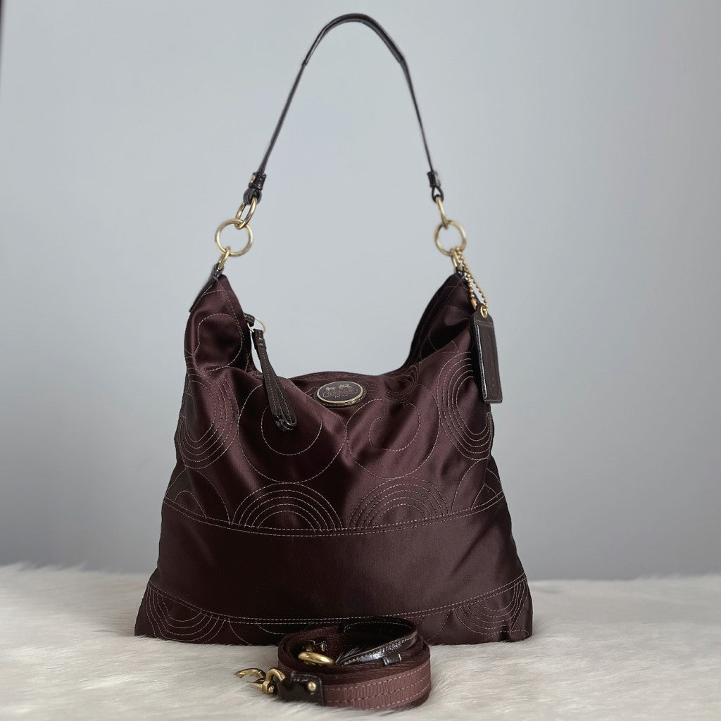 Coach Chocolate Satin Front Logo Slouchy 2 Way Shoulder Bag