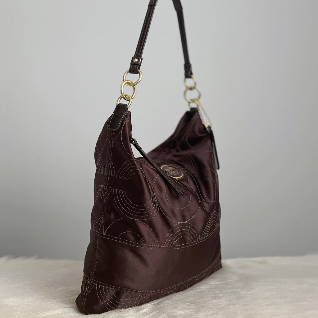 Coach Chocolate Satin Front Logo Slouchy 2 Way Shoulder Bag