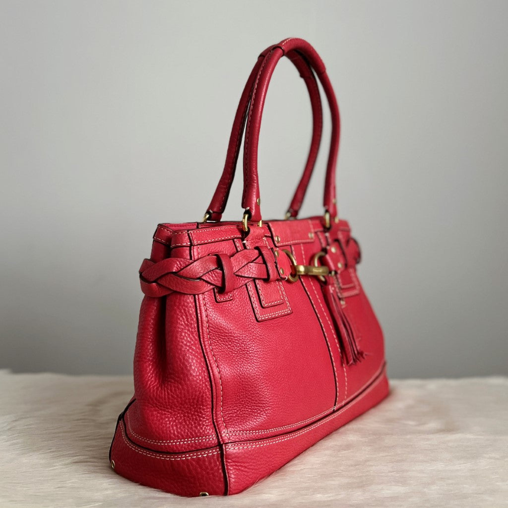 Coach Strawberry Leather Front Buckle Tassel Charm Detail Shoulder Bag