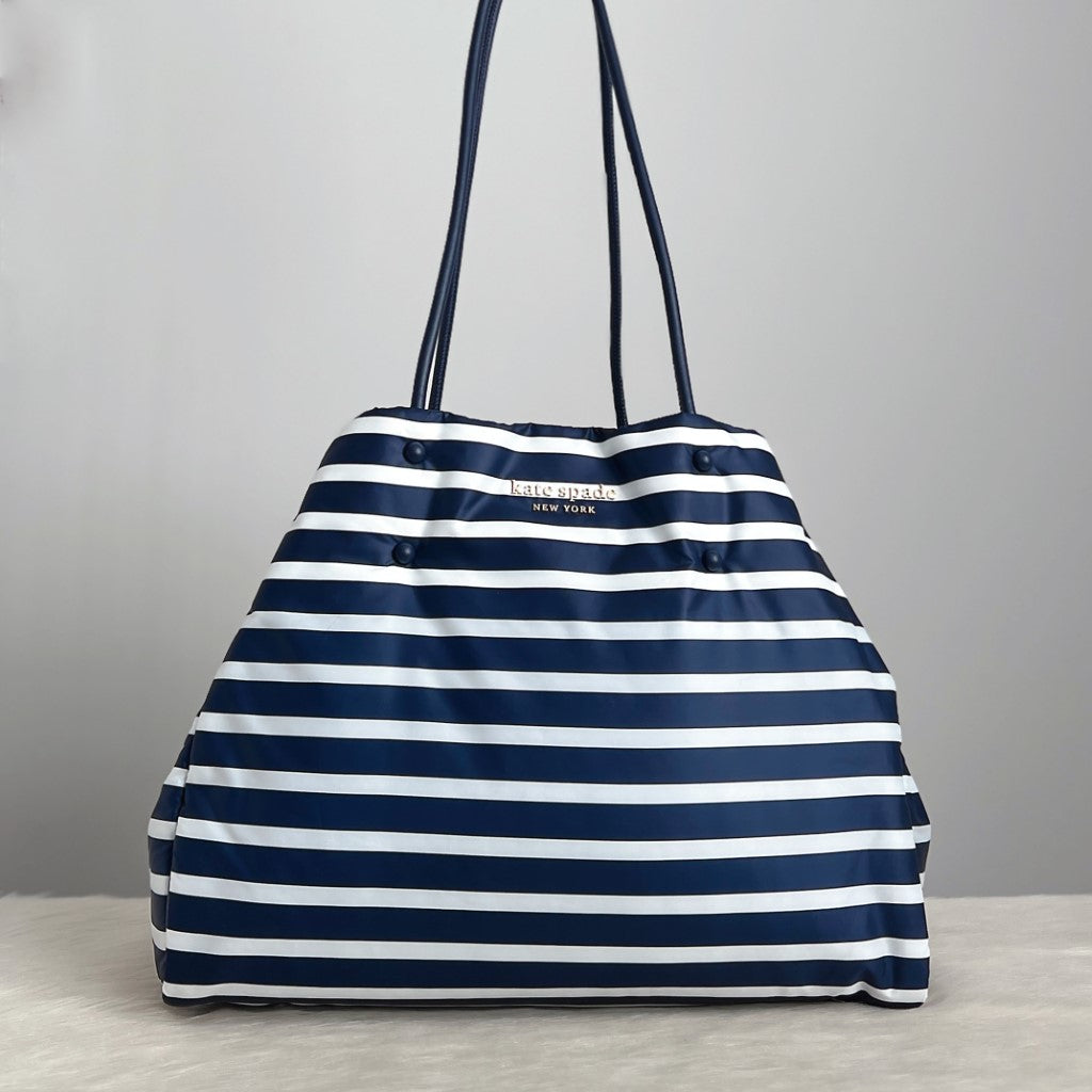 Kate Spade Stripe Front Logo Large Shopper Shoulder Bag Like New