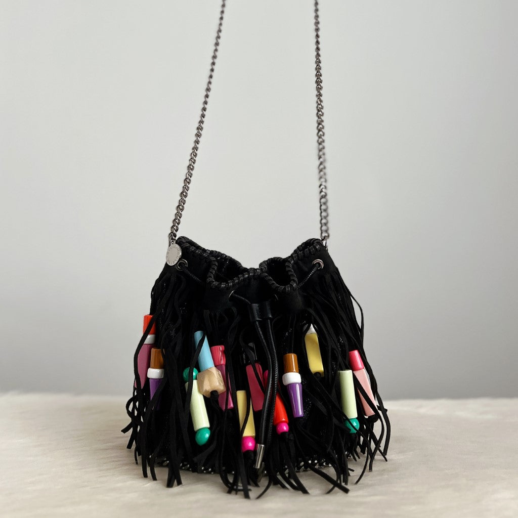 Stella Mccartney Black Bohemian Beaded Fringe Shoulder Bag Excellent