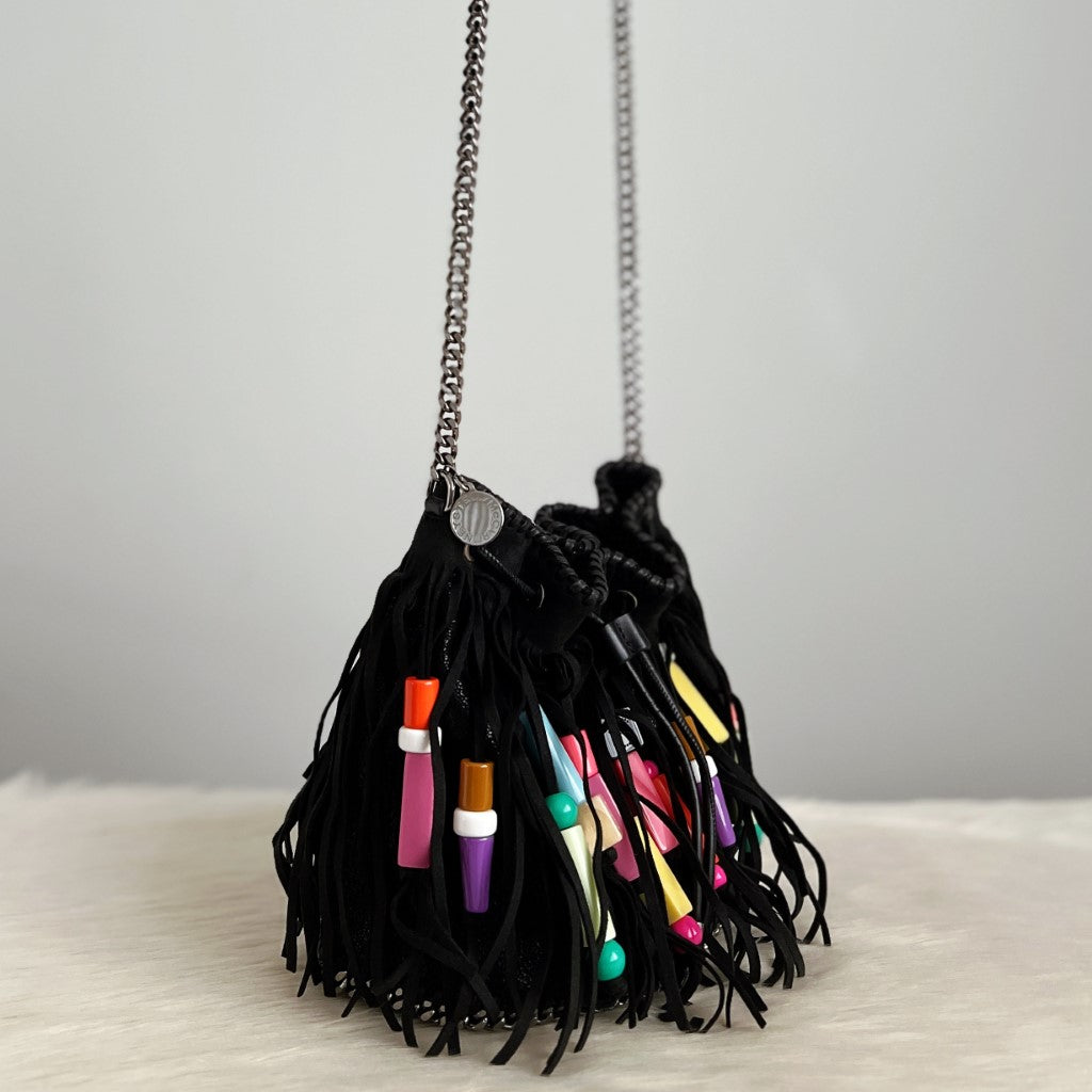 Stella Mccartney Black Bohemian Beaded Fringe Shoulder Bag Excellent