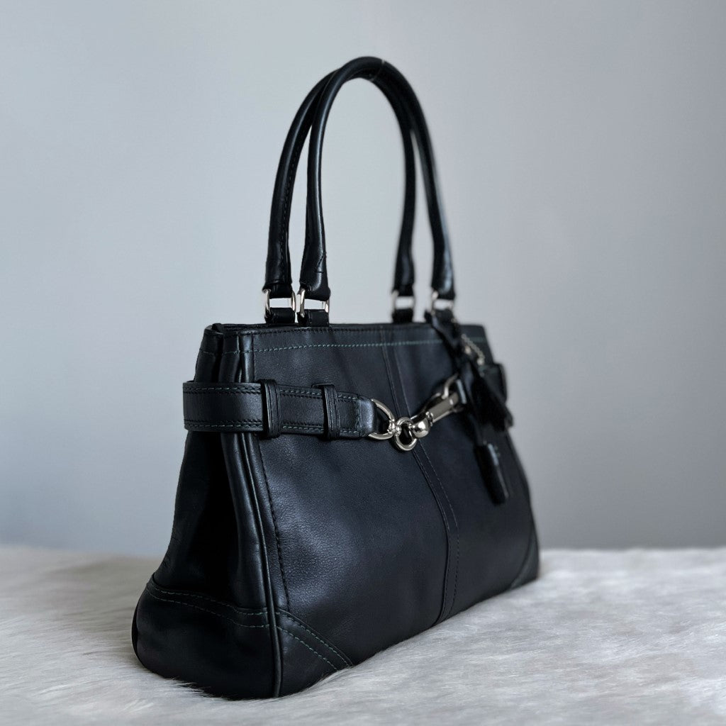 Coach Black Leather Front Buckle Tassel Detail Shoulder Bag