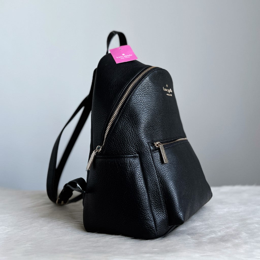 Kate Spade Black Leather Front Zip Compartment Backpack New with Tags