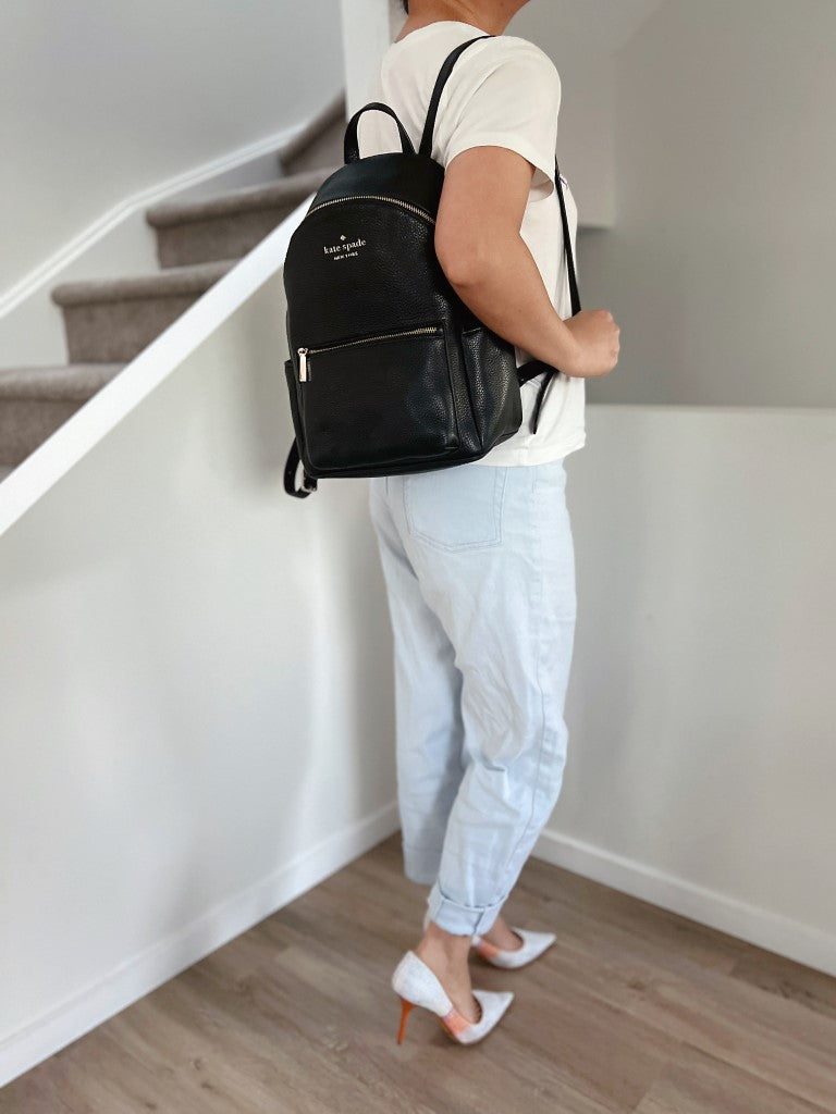 Kate Spade Black Leather Front Zip Compartment Backpack New with Tags