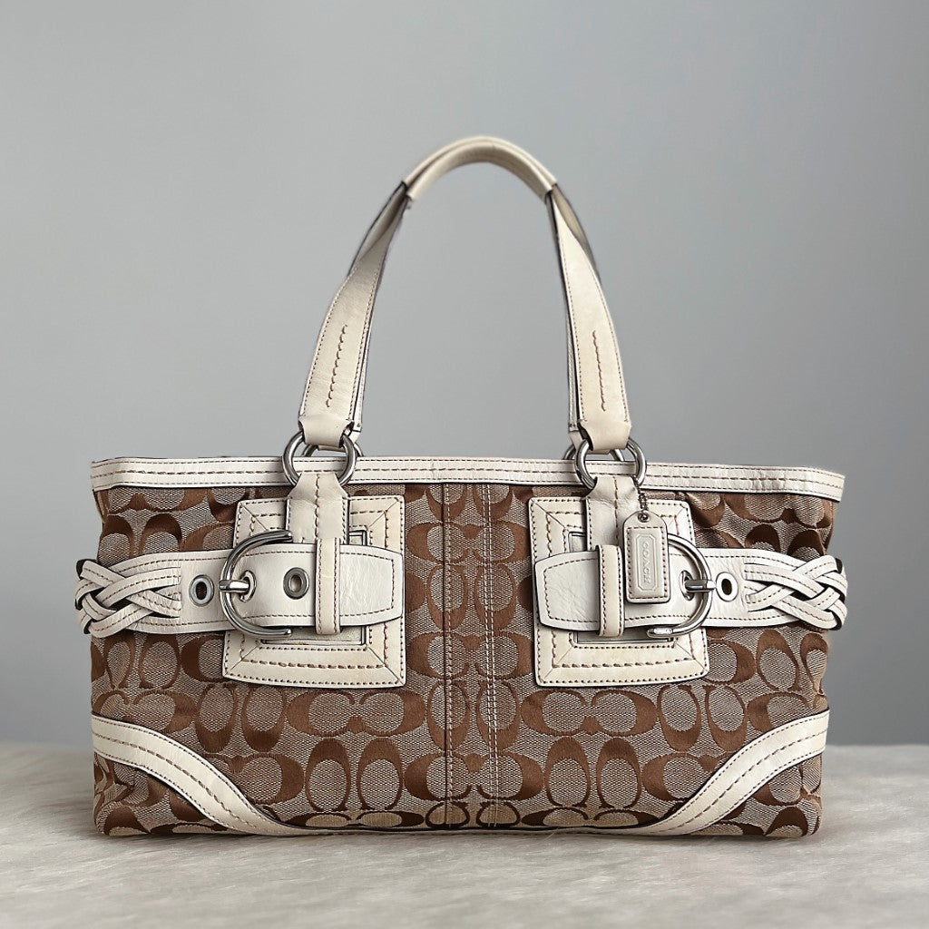 Coach White Leather Monogram Pleated Detail Shoulder Bag