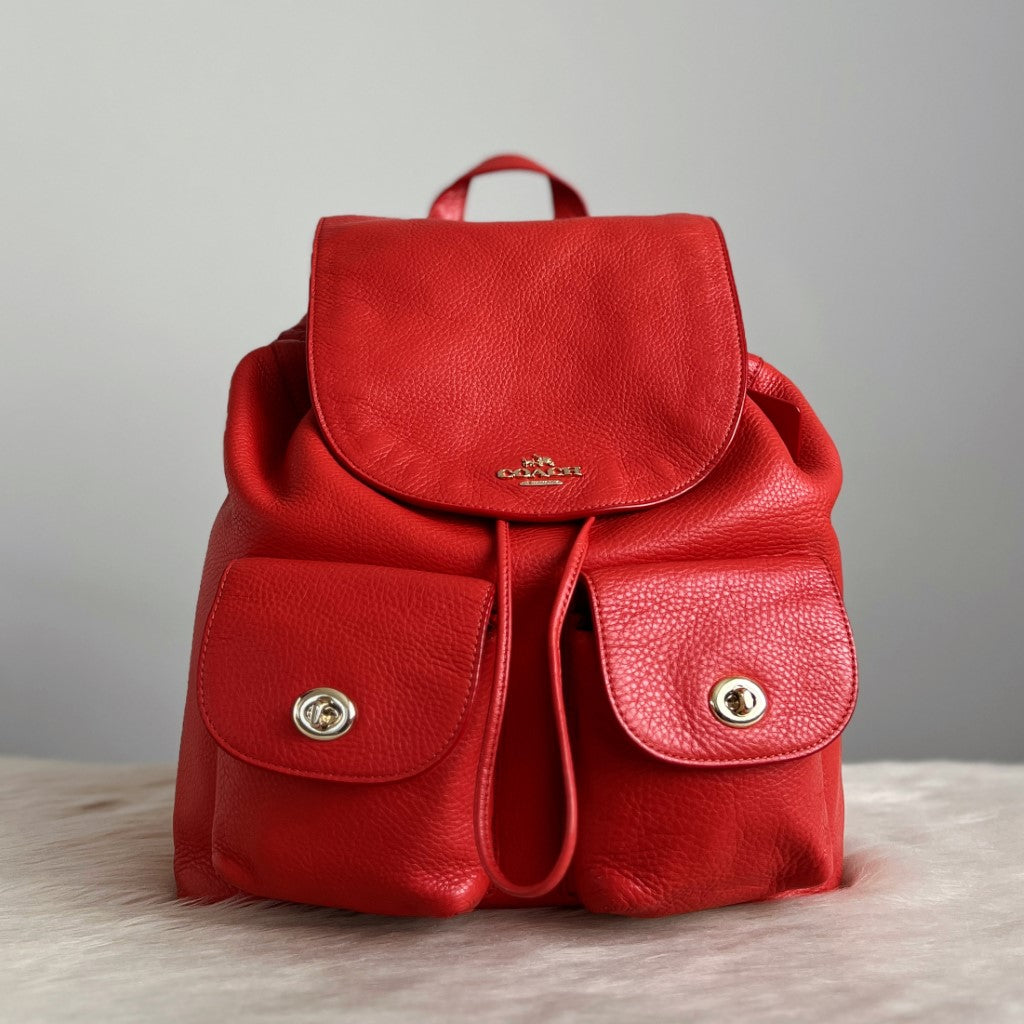 Coach Red Leather Turn Lock Pocket Drawstring Backpack