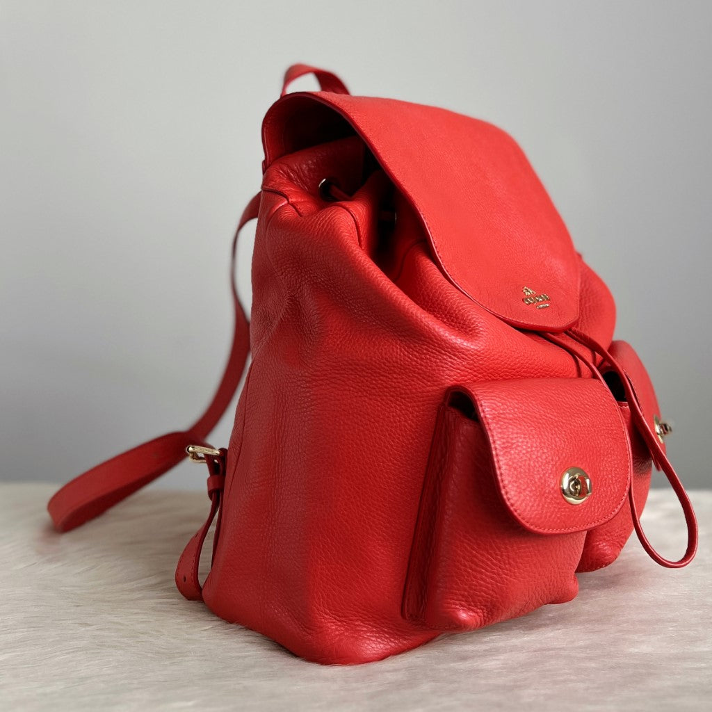 Coach Red Leather Turn Lock Pocket Drawstring Backpack