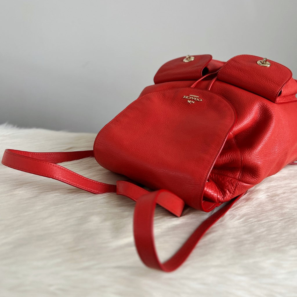 Coach Red Leather Turn Lock Pocket Drawstring Backpack