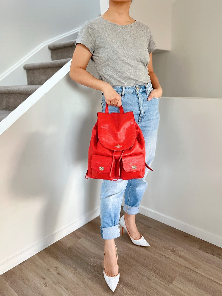 Coach Red Leather Turn Lock Pocket Drawstring Backpack