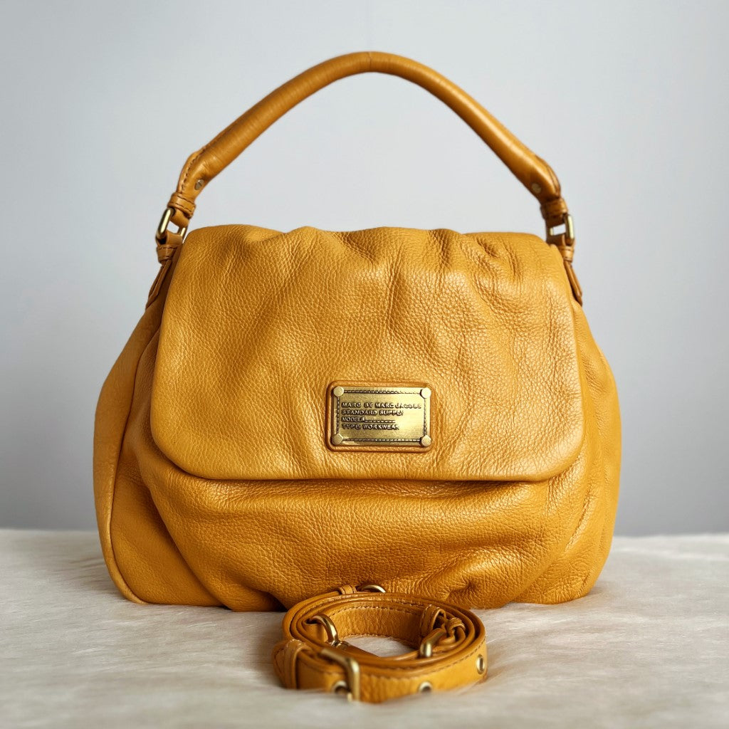 Marc Jacobs Mustard Leather Front Logo Flap 2 Way Shoulder Bag