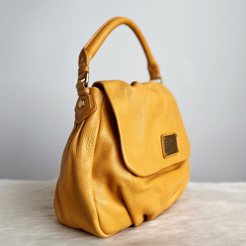 Marc Jacobs Mustard Leather Front Logo Flap 2 Way Shoulder Bag