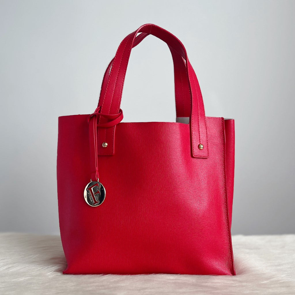 Furla Red Leather F Charm Triple Compartment Tote Bag Excellent