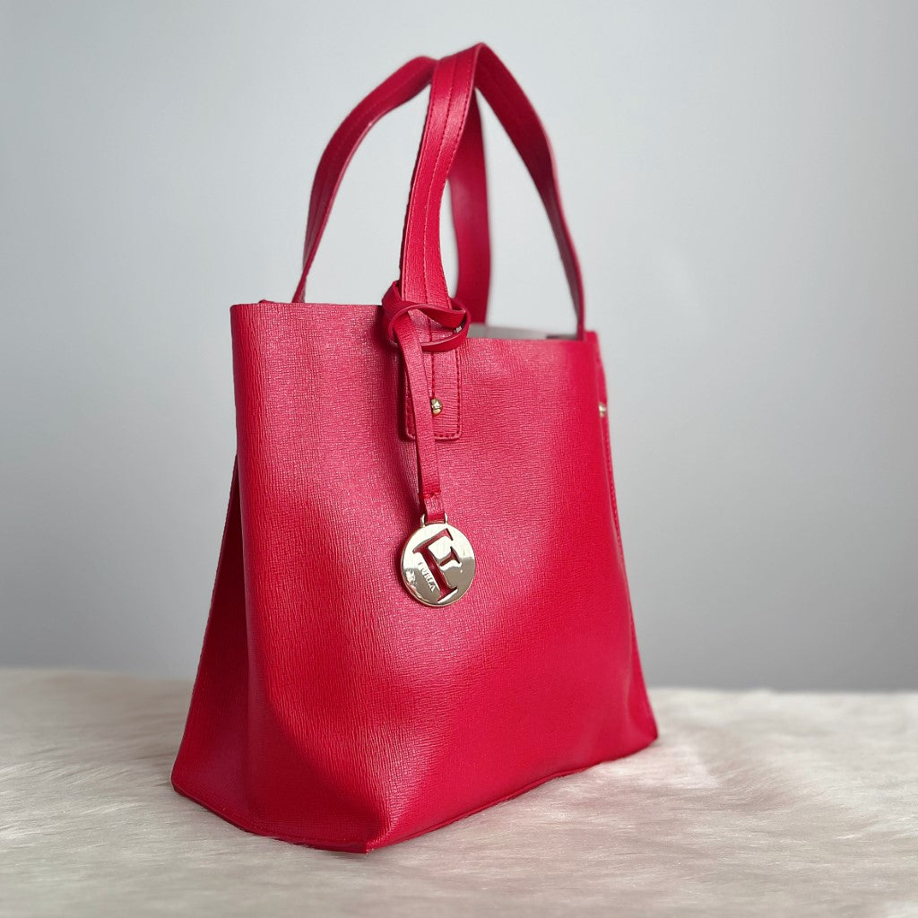 Furla Red Leather F Charm Triple Compartment Tote Bag Excellent