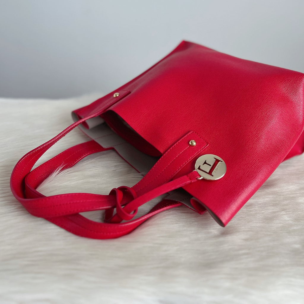 Furla Red Leather F Charm Triple Compartment Tote Bag Excellent