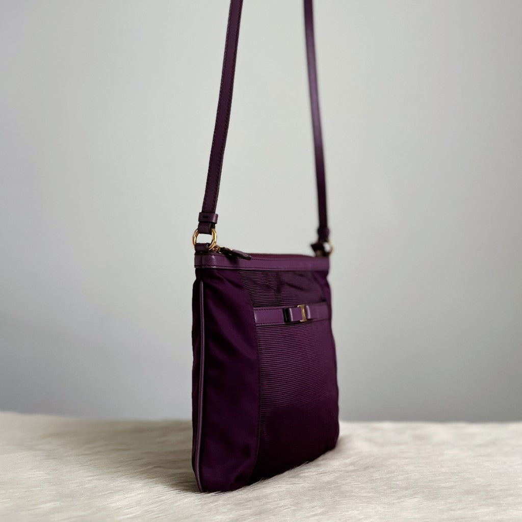 Salvatore Ferragamo Purple Leather Trim Signature Bow Crossbody Shoulder Bag