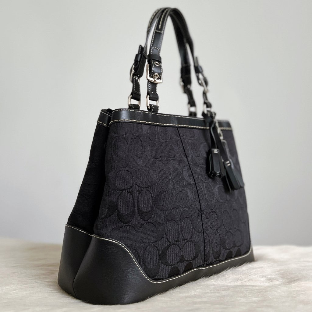 Coach Black Leather Trim Monogram Tassel Charm Tote Bag