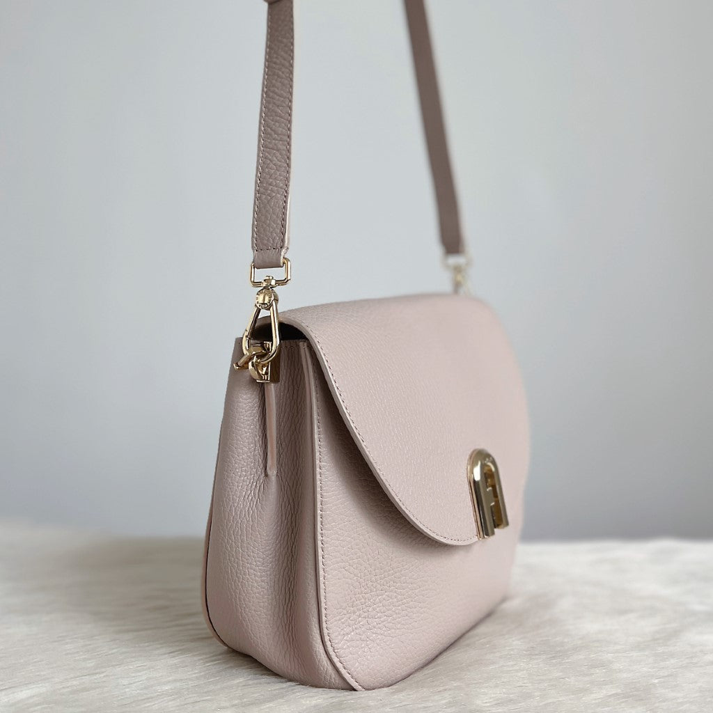 Furla Blush Taupe Leather Flap Crossbody Shoulder Bag Excellent