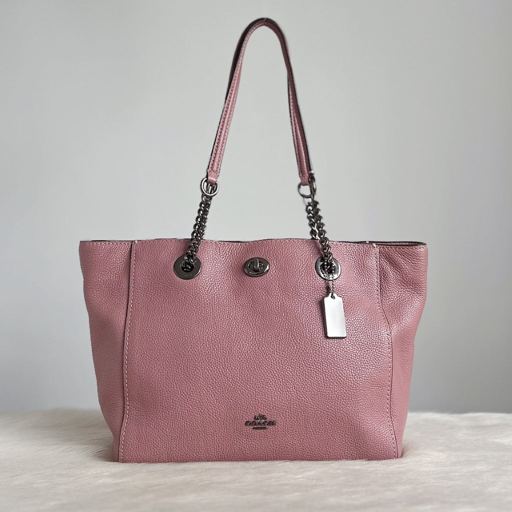 Coach Rose Leather Chain Detail Turn Lock Carryall Shoulder Bag