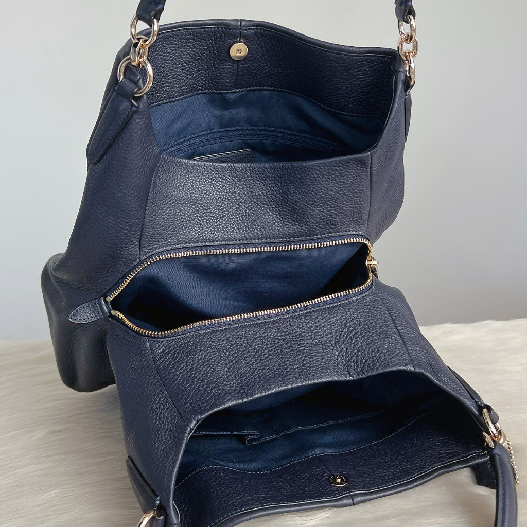 Coach Navy Leather Triple Compartments Shoulder Bag