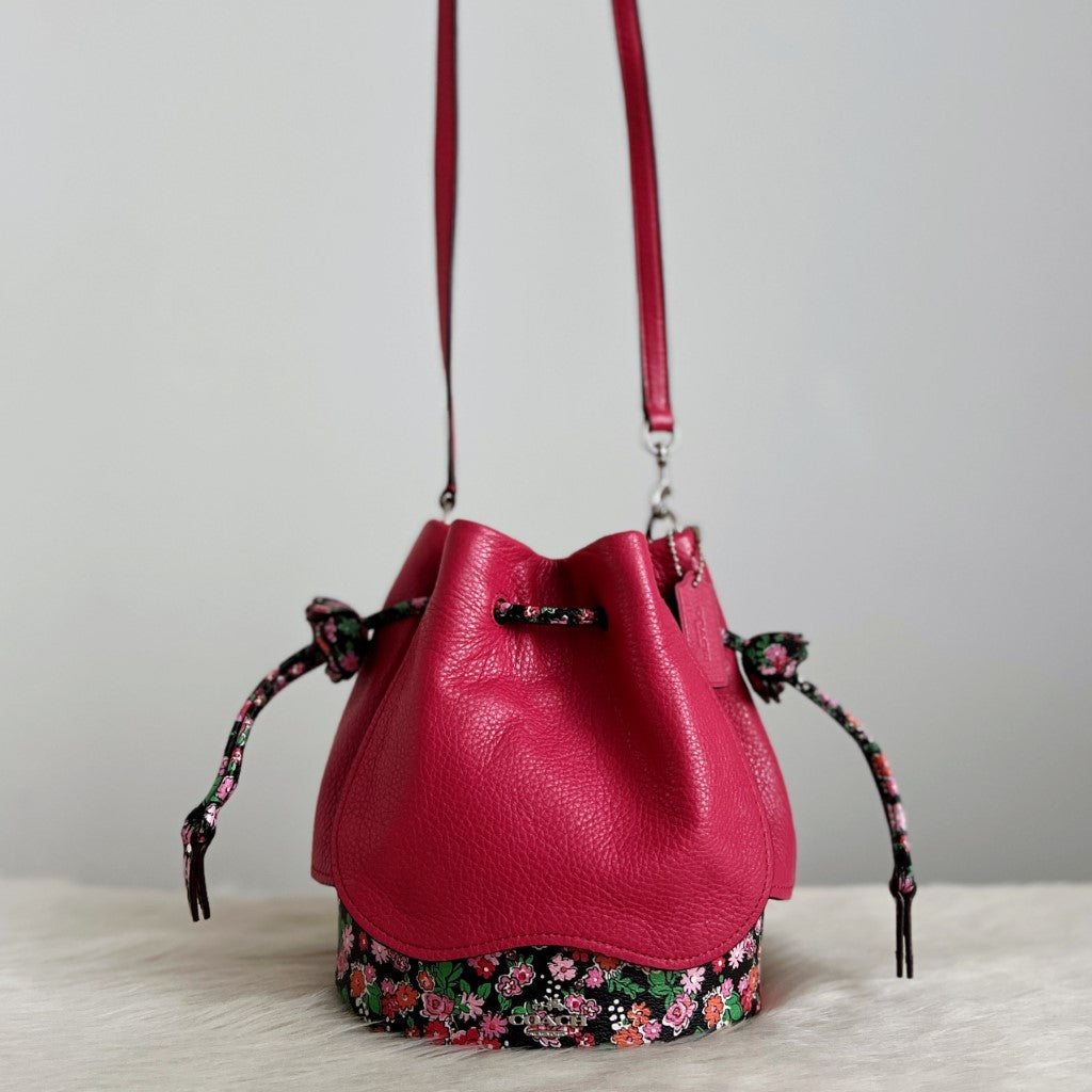 Coach Fuchsia Leather Floral Pattern Drawstring Bucket Shoulder Bag Excellent