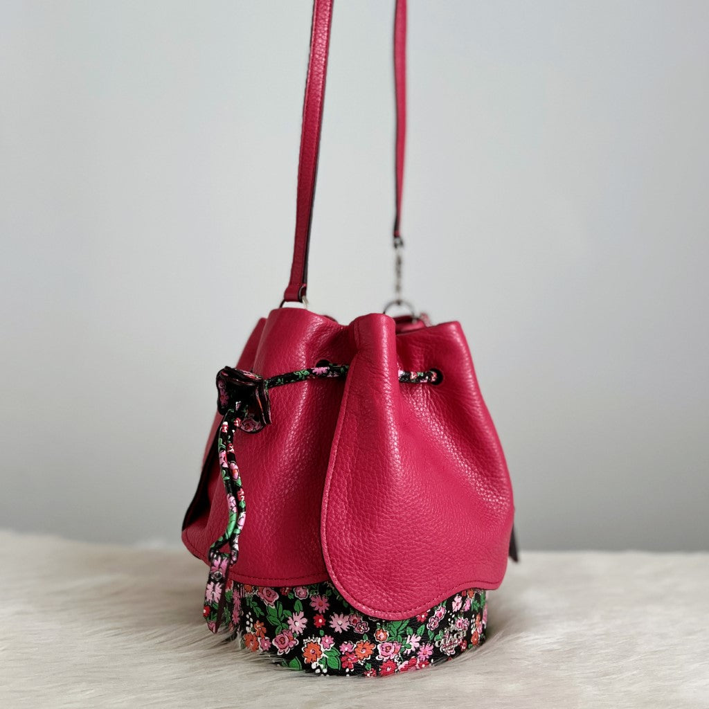 Coach Fuchsia Leather Floral Pattern Drawstring Bucket Shoulder Bag Excellent