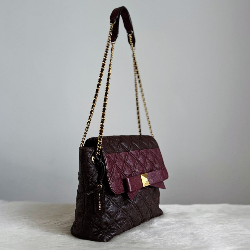 Marc Jacobs Plum Leather Front Bow Quilted 2 Way Shoulder Bag