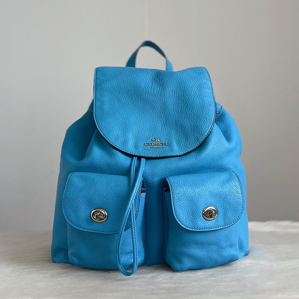 Coach Blue Leather Turn Lock Pocket Drawstring Backpack