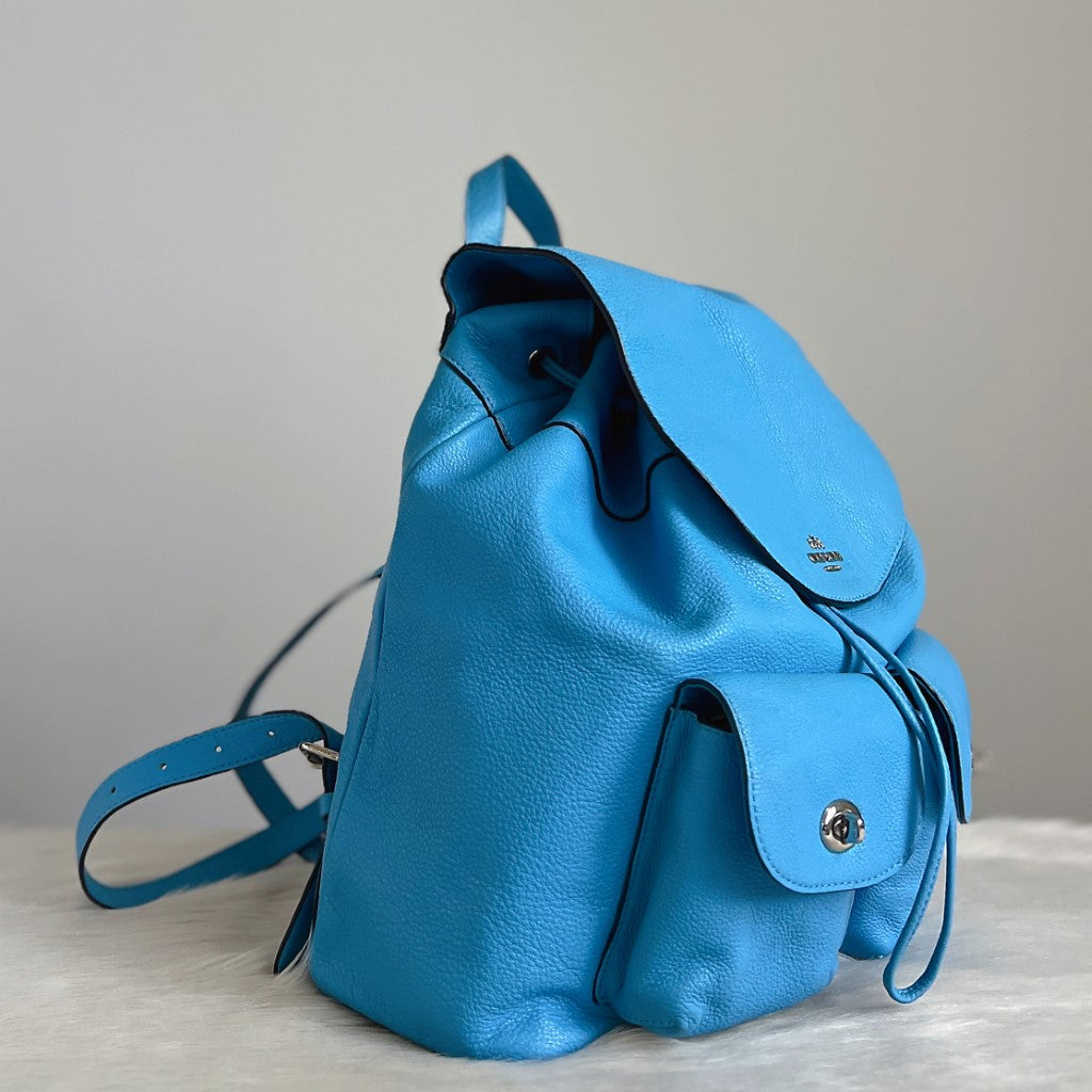 Coach Blue Leather Turn Lock Pocket Drawstring Backpack