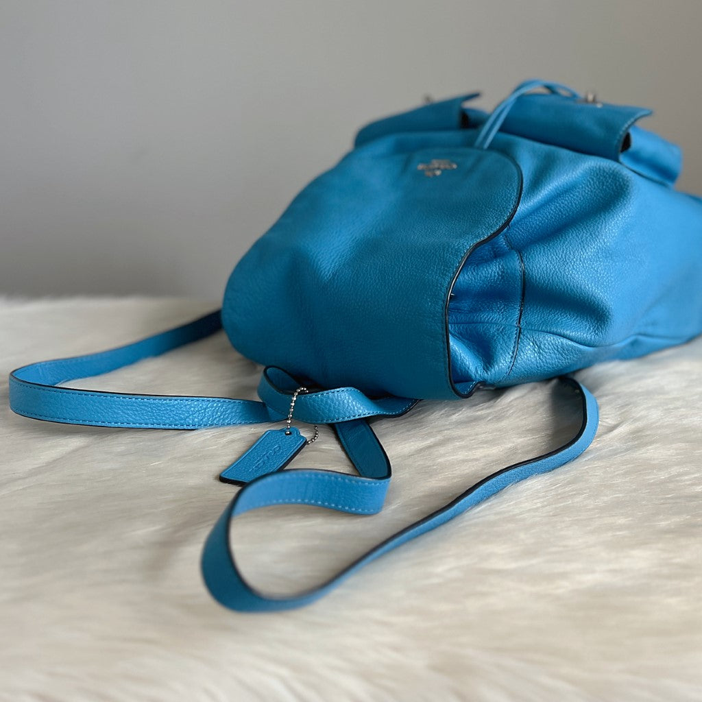 Coach Blue Leather Turn Lock Pocket Drawstring Backpack