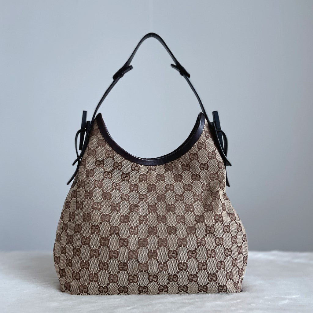 Gucci Dark Chocolate Leather Monogram Side Detail Shoulder Bag