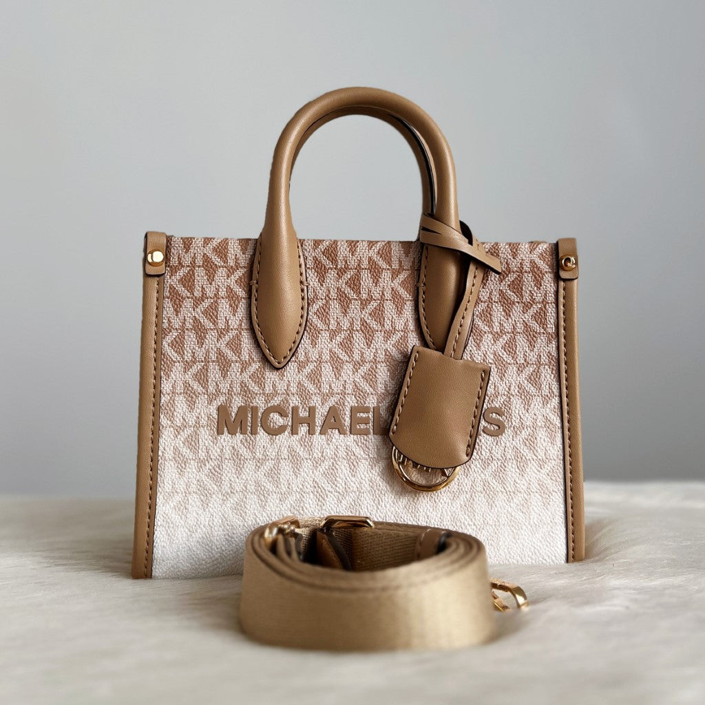 Michael Kors Mocha Leather MK Monogram Mini Book Tote 2 Way Shoulder Bag Like New