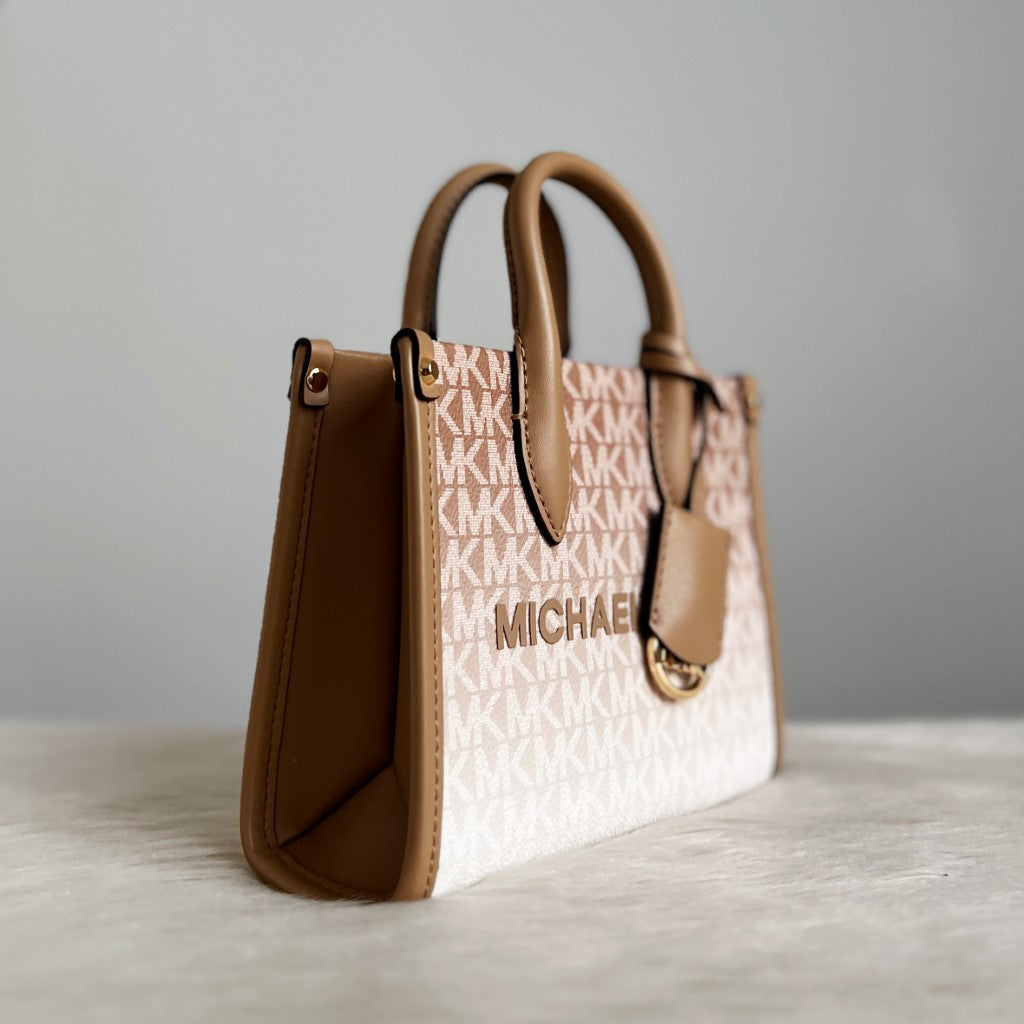 Michael Kors Mocha Leather MK Monogram Mini Book Tote 2 Way Shoulder Bag Like New