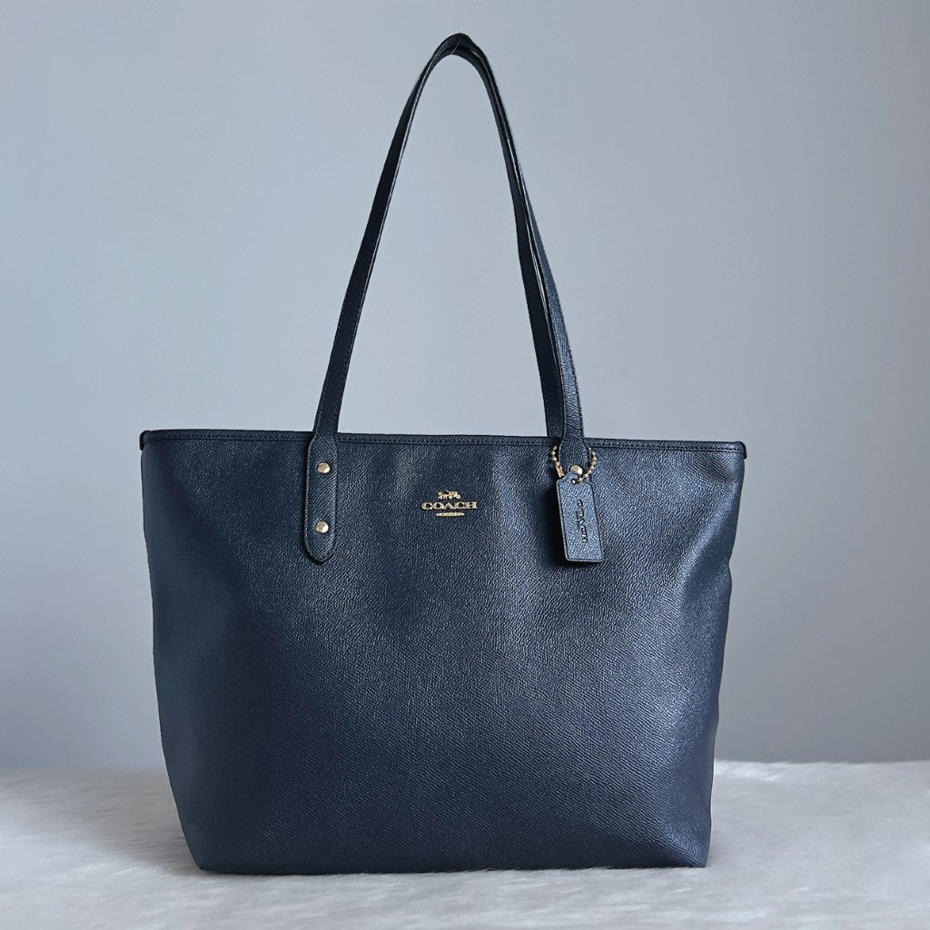 Coach Navy Leather Front Logo Carryall Shoulder Bag