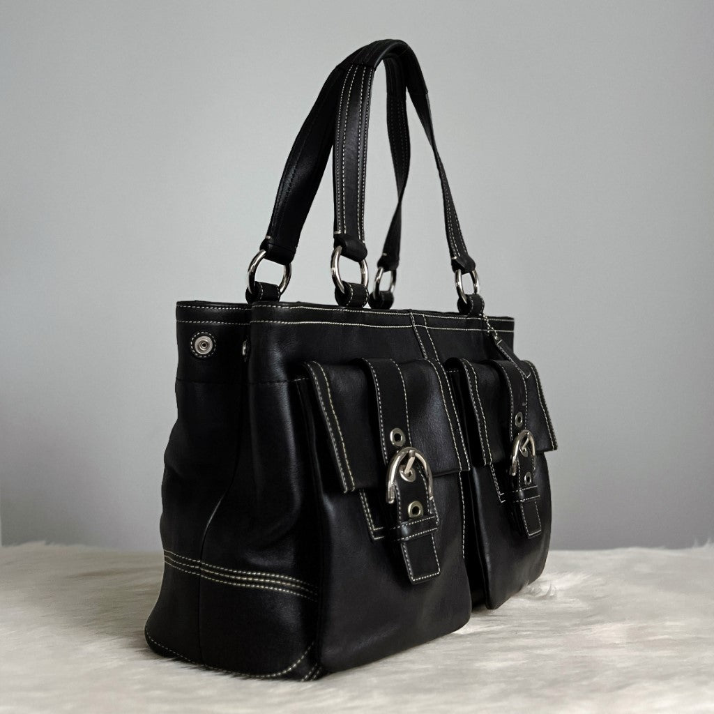 Coach Black Leather Front Buckle Pocket Career Shoulder Bag