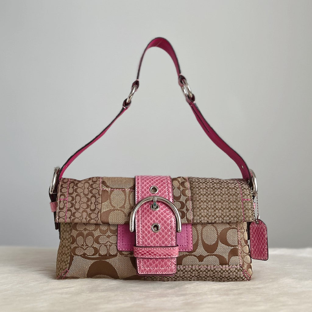 Coach Pink Buckle Monogram Patchwork Flap Shoulder Bag