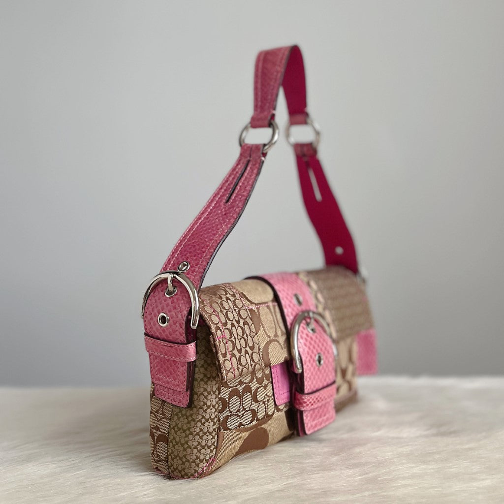 Coach Pink Buckle Monogram Patchwork Flap Shoulder Bag