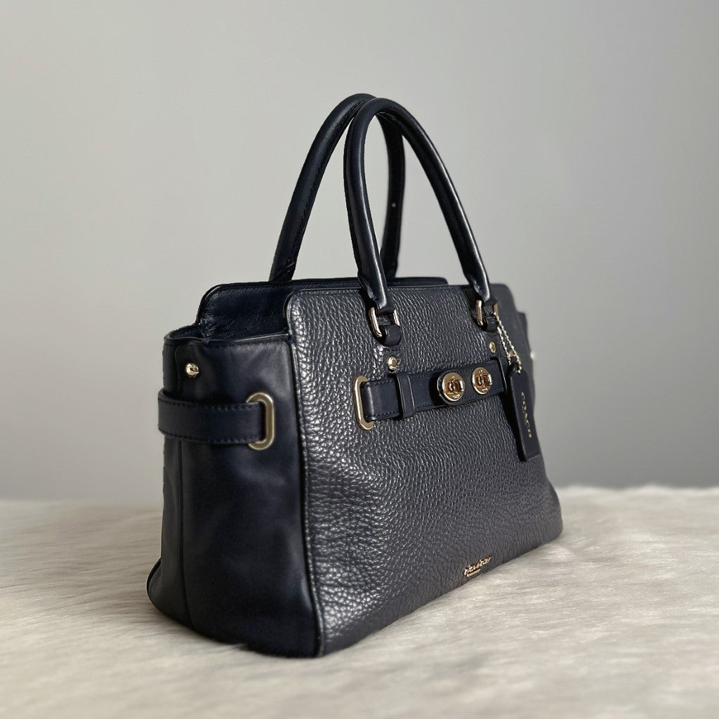 Coach Navy Leather Double Turn Lock Detail 2 Way Shoulder Bag Excellent