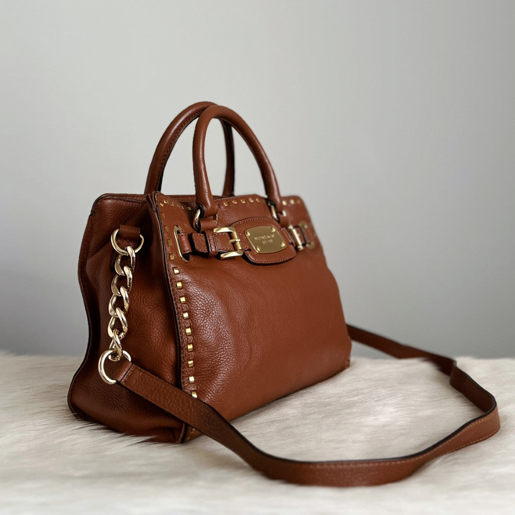 Michael Kors Caramel Leather Hamilton Studded 2 Way Shoulder Bag