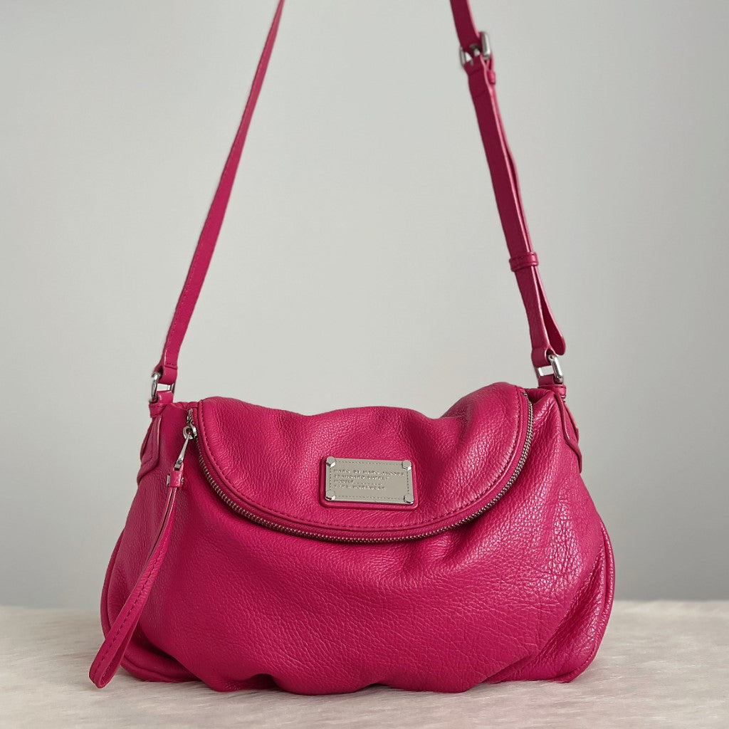 Marc Jacobs Fuchsia Leather Front Logo Zip Flap Crossbody Shoulder Bag