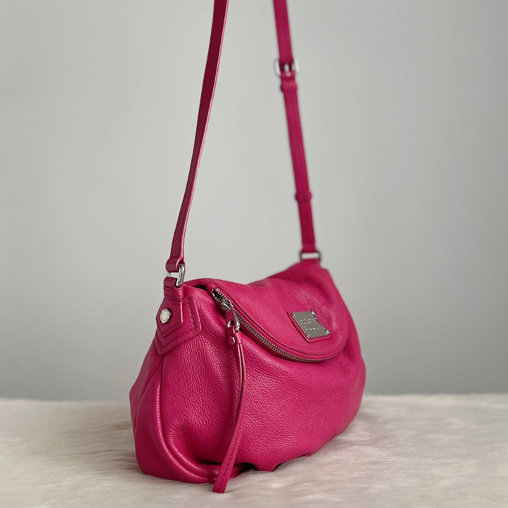 Marc Jacobs Fuchsia Leather Front Logo Zip Flap Crossbody Shoulder Bag