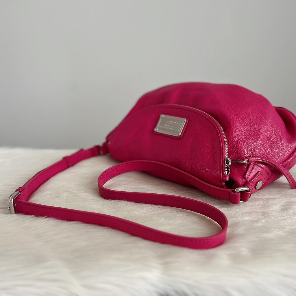 Marc Jacobs Fuchsia Leather Front Logo Zip Flap Crossbody Shoulder Bag