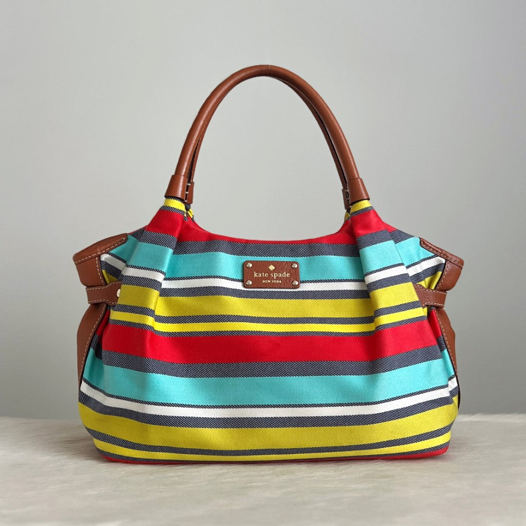 Kate Spade Caramel Leather Rainbow Stripe Shoulder Bag