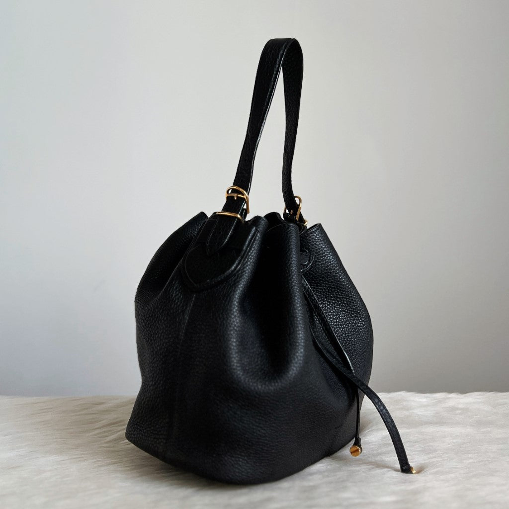 Bally Black Leather Drawstring Bucket 2 Way Shoulder Bag Excellent