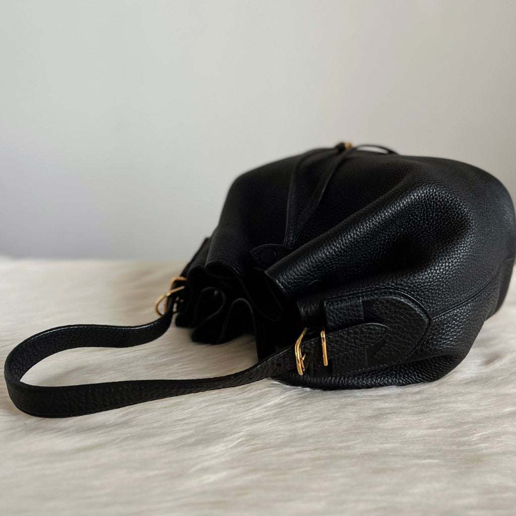 Bally Black Leather Drawstring Bucket 2 Way Shoulder Bag Excellent