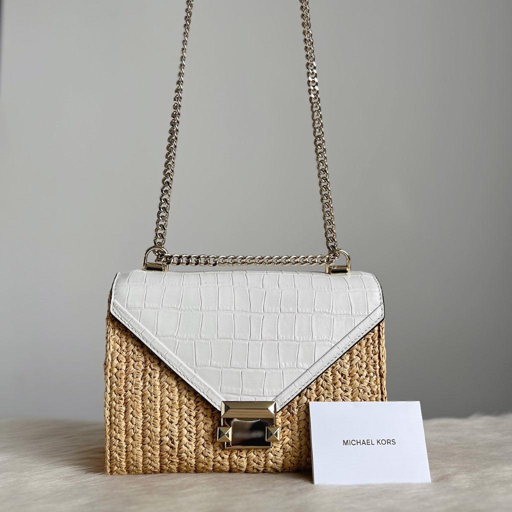 Michael Kors White Leather Straw Holiday 2 Way Shoulder Bag Like New