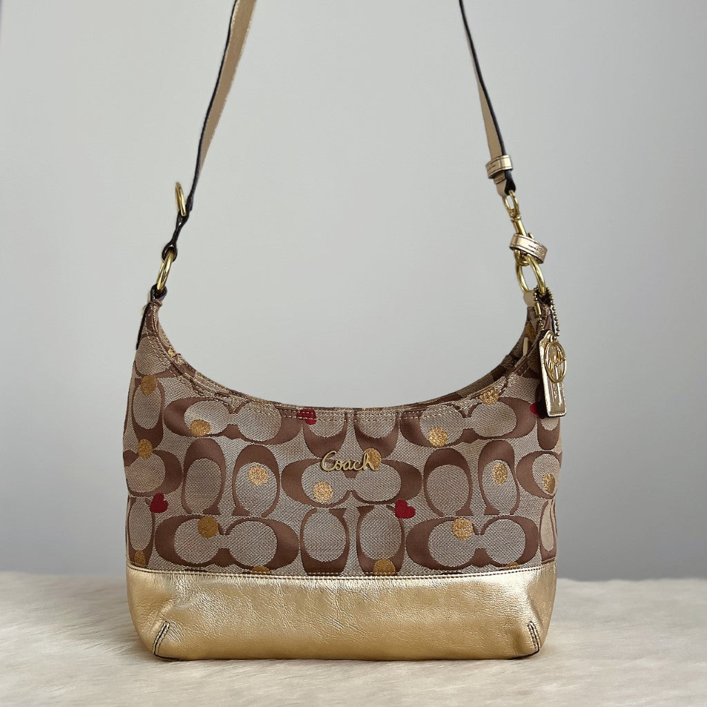 Coach Gold Leather Monogram Polka Dot Detail Crossbody Shoulder Bag