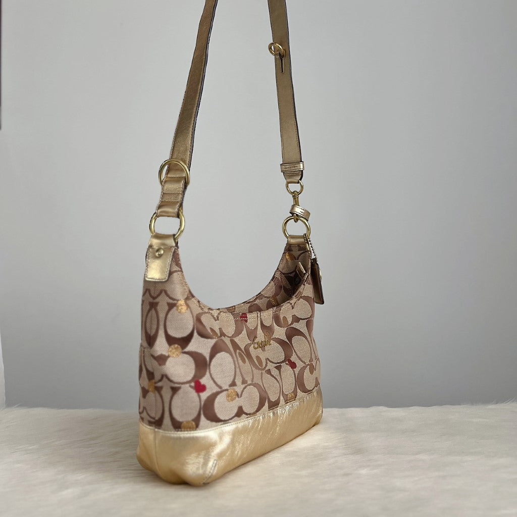 Coach Gold Leather Monogram Polka Dot Detail Crossbody Shoulder Bag